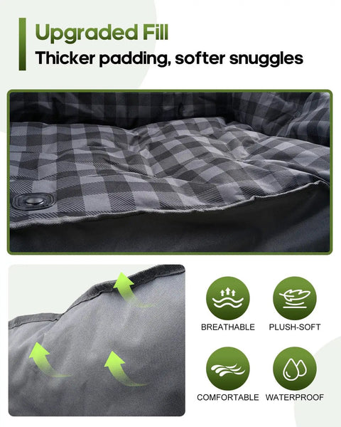 Close-up of padded seat on oversized double camping chair showing thick plaid cushion and waterproof material.