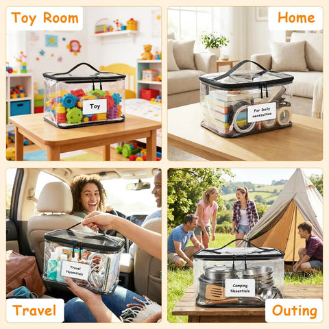 6 Pack Extra Large Clear Toy Storage Bags With Name Tags And Mesh Pockets Waterproof PVC Organizer For Toys Board Games Building Blocks Puzzles And Dolls With Black Edges in various settings like playroom, home, travel, and camping.