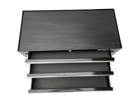 Top view of Three Drawer Portable Metal Tool Chest With Locking Cam 26 Inch Mid Size Cabinet Ball Bearing Drawer Slides Steel.