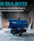 Heavy Duty Mobile Indirect Diesel Air Heater Dropping Serious Heat For Job Sites And Contractor Crews With Straight Up Reliable Commercial Fuel Warming Setup For Quick Site Thawing in a construction area.