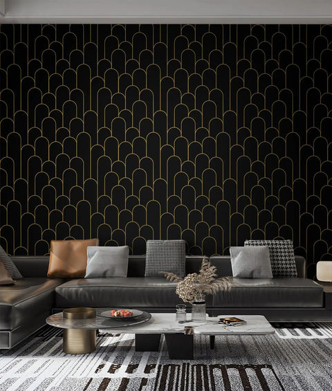 Living room with Black And Gold Dope Geometric Peel And Stick Wallpaper For Bedroom Modern Removable Self Adhesive Wall Covering Waterproof Vinyl 17.3 By 118.7 Inches Decorative Peel And Stick Vinyl For Walls Durable Finish Easy Install on wall.