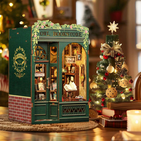 Owl Bookstore Book Nook Kit For Beginners And Teens, miniature house with Christmas tree, DIY wooden puzzle, shelf decor