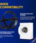 Solid Heavy Duty Washer Drive Belt W10006384 snug fit replacement for Whirlpool Maytag Kenmore shown with washing machine.