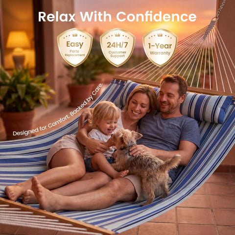 Family relaxing on Two Person Double Hammock With Spreader Bar For Patio And Backyard Use 500 Lbs Capacity Flat Wide Bed Cozy Pillow