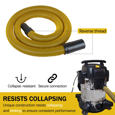 Direct Replacement Shop Vac Hose 1-7/8 Inch For 6-10 Gallon Wet Dry Vac Fits Standard Attachments shown coiled with vacuum