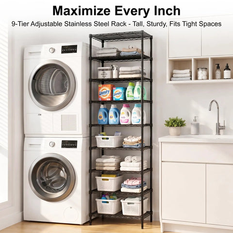 Level Up Your Home Organization Game With This Adjustable 9 Tier Steel Wire Shelving Rack, 81 Inch Tall Heavy Duty Extra Large Capacity Storage Unit, Black