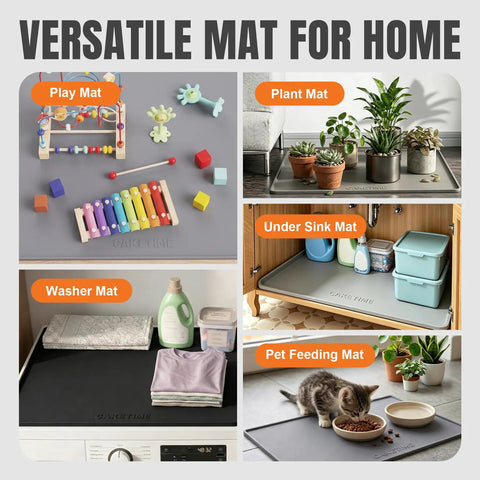 Top Shelf Silicone Washer And Dryer Top Mat 26 By 18 Inch waterproof mat used as a washer mat with laundry supplies on top.