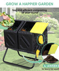 37 Gallon Dual Chamber Tumbling Composter With Two Sliding Doors for Easy Turn in garden setting