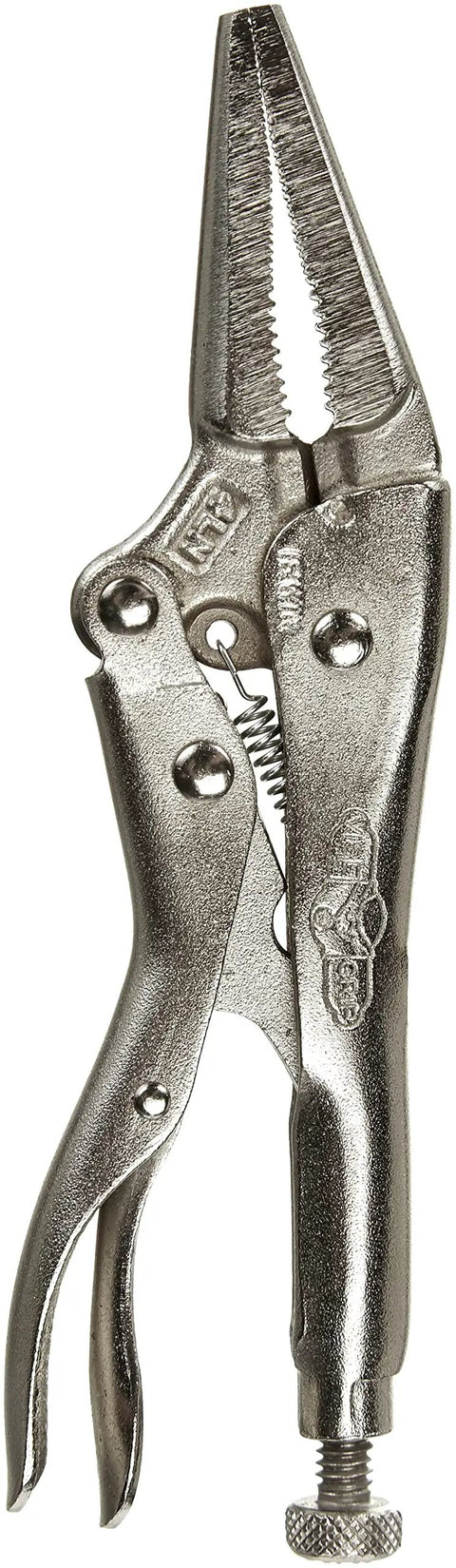 Locking Pliers Long Nose Four Inch 100mm With Wire Cutter for Precision Work Heavy Duty Heat Treated Steel Hardened Teeth 1-5/8 Inch Jaw
