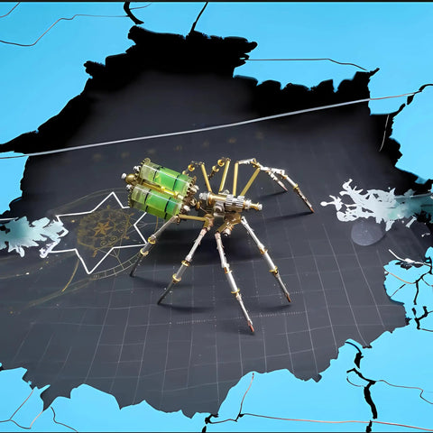 Metal DIY 3D Insect Puzzle Kit In Brass For Adults, Gatling Spider model with intricate gears over a black textured surface