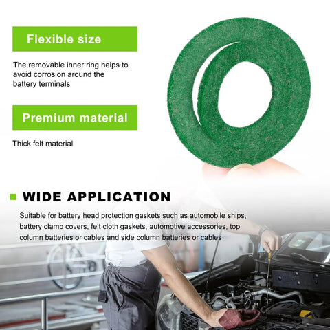 Battery Terminal Connectors 2 Pack Quick Disconnect Terminals With Anti Corrosion Pad Positive And Negative Top Post Ends For Car And Marine Use Durable Brass With Tin Plated Finish Easy Install, green anti-corrosion pads close-up view.