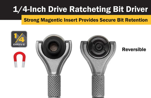 Compact 1/4-Inch Drive 4-Inch Swivel Head Micro Ratcheting Bit Driver With 90-Tooth Reversible Mechanism For Tight Spots, top view