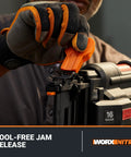 Powerful 20V Cordless Nail And Staple Gun For Pros, tool-free jam release feature in use, 18 Gauge Brad Nailer shown.