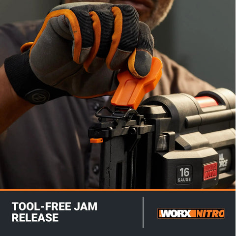 Powerful 20V Cordless Nail And Staple Gun For Pros, tool-free jam release feature in use, 18 Gauge Brad Nailer shown.