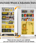 Heavy Duty Metal Garage Storage Cabinet On Wheels With Lockable File Cabinets, Two Doors And Five Adjustable Shelves, 74 Inch Tall Tool Cabinet For Home Office Or Warehouse, Easy Assembly, White showing wheels and adjustable shelves
