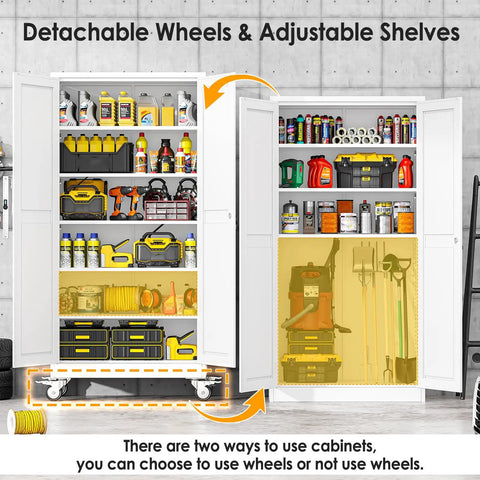 Heavy Duty Metal Garage Storage Cabinet On Wheels With Lockable File Cabinets, Two Doors And Five Adjustable Shelves, 74 Inch Tall Tool Cabinet For Home Office Or Warehouse, Easy Assembly, White showing wheels and adjustable shelves