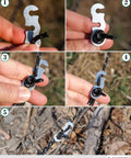Close-up of Ultralight Aluminum Alloy Rope Tensioner for Camping Tents and Guy Lines Cord Adjuster Gear setup on cord.