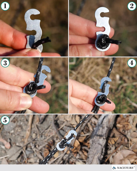 Close-up of Ultralight Aluminum Alloy Rope Tensioner for Camping Tents and Guy Lines Cord Adjuster Gear setup on cord.