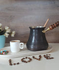 XXL Copper Cezve Coffee Pot With Wooden Handle, Hand Engraved Design, on Tray with Coffee Cup and Flowers