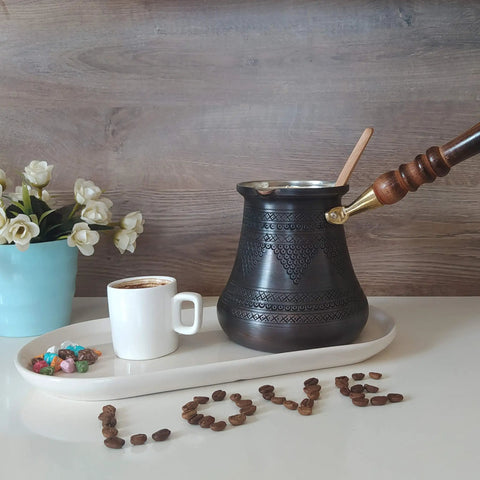 XXL Copper Cezve Coffee Pot With Wooden Handle, Hand Engraved Design, on Tray with Coffee Cup and Flowers