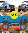 Before and after comparison of Ford F250 with 2 Inch Billet Aluminum Suspension Leveling Kit 4WD Front Lift installed