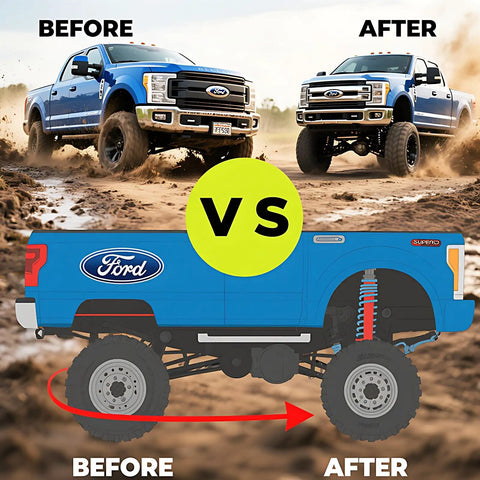 Before and after comparison of Ford F250 with 2 Inch Billet Aluminum Suspension Leveling Kit 4WD Front Lift installed