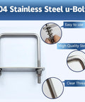 2 Pack M10 Square U Bolts 4 inch wide stainless steel heavy duty with nuts, bolt plates and washers, 3 eighth inch thread, 4 W x 5 L U Bolt Kit