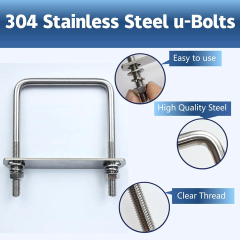2 Pack M10 Square U Bolts 4 inch wide stainless steel heavy duty with nuts, bolt plates and washers, 3 eighth inch thread, 4 W x 5 L U Bolt Kit