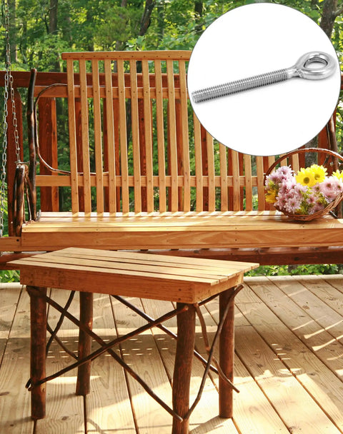 M8 Eye Bolts Set Heavy Duty Shoulder Lifting Eyebolts Stainless Steel Welded Closed Ring Bolts beside a wooden porch