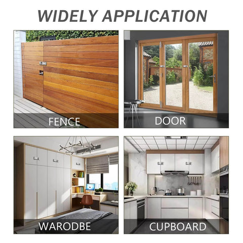 Image of four applications for 2 Pack Keyed Hasp Locks 2.5 Inch Twist Knob Locking Hasp For Small Doors And Cabinets With Screws Keyed Differently Each Lock Comes With Two Keys Durable Metal Silver Hasp Size 65x32mm Lock Base 35x30x30mm Ideal For Security Of Cabinets Doors And Gates, including fence, door, wardrobe, and cupboard.