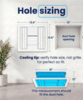 Diagram showing dimensions of 12x12 Aluminum Four Way Air Flow HVAC Vent Cover for Walls and Ceilings installation space.