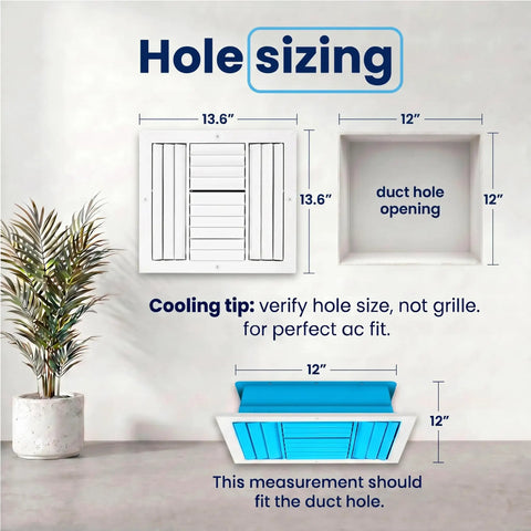 Diagram showing dimensions of 12x12 Aluminum Four Way Air Flow HVAC Vent Cover for Walls and Ceilings installation space.