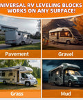 All In One RV Leveling Kit With Curved Levelers Wheel Chocks Rubber Grip Mats And Storage Bag on pavement, gravel, grass, and mud