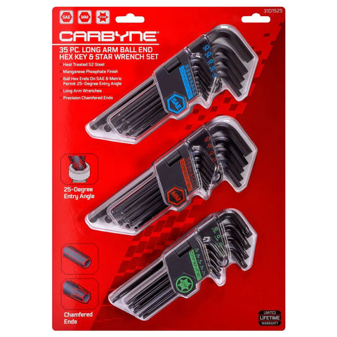 All-In-One 35 Piece Long Arm Ball End Hex Key Wrench Set with SAE Metric and Torx Bits in retail packaging