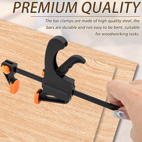 5 Pack 4 Inch One Handed Bar Clamps For Woodworking Quick Change F Clamp Set For Gluing Drilling Sawing And Securing Carpentry And DIY Projects With Soft Jaw Pads To Protect Wood Surfaces, black clamp on wood