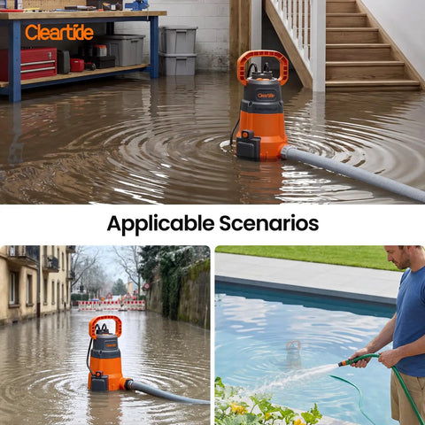 Go-To 1/3 HP Submersible Utility Pump With Auto Water Sensor and 2790 GPH High Flow, Portable Sump Drain in flooded basement