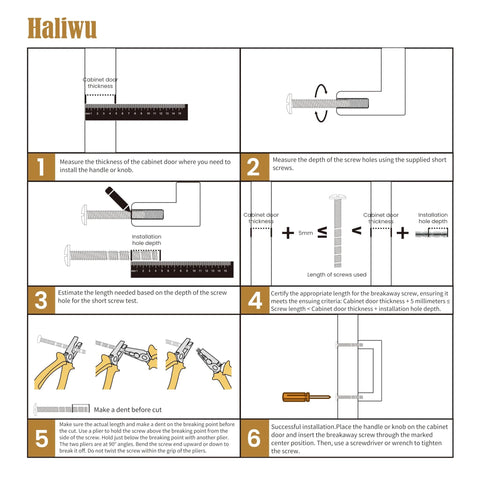 Instruction diagram for installing brushed gold cabinet pulls with depth measurement and screw selection guide.