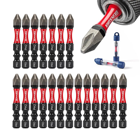 Diamond Coated Impact Screwdriver Bit Set With 20 Pieces Two Inch PH2 Phillips Driver Bits Magnetic S2 Steel Tips And Tubes Package For Pro Grade DIY Projects
