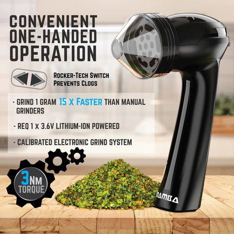 Electric Spice Grinder For One Handed Use USB Rechargeable Mini Grinder With 1 Gram Capacity Sharp Aluminum Teeth No Spill Stainless Steel Head Easy To Load Perfect For Herbs And Spices with black body next to ground herbs
