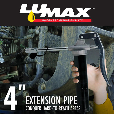 Compact Pistol Grip Grease Gun With 3 Oz Cartridge Black Built For One Hand Operation Lightweight Easy To Use For Hard To Reach Jobs Two Way Loading Cartridge Or Bulk Heavy Duty Cast Alloy Head in use with 4-inch extension pipe in workshop setting.