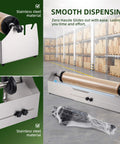Heavy Duty Stainless Steel Tabletop Stretch Film Dispenser With Smooth Slide Cutter For 16 To 26 Inch Plastic Wrap Rolls showing the smooth glide and stainless steel design.