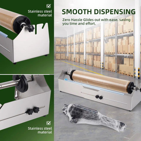Heavy Duty Stainless Steel Tabletop Stretch Film Dispenser With Smooth Slide Cutter For 16 To 26 Inch Plastic Wrap Rolls showing the smooth glide and stainless steel design.