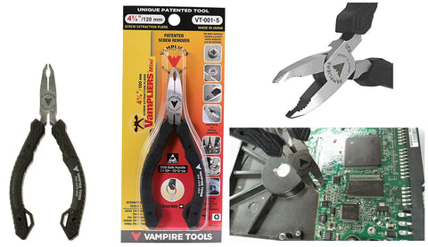 Pro Grade Four Piece Five Inch Precision Mini Pliers Set With ESD Safe Grips shown in use and packaging, ideal for electronics repairs.