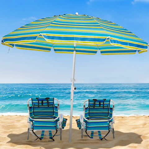 Two pack lightweight portable camping beach chairs for adults with five position lay flat option under umbrella on beach