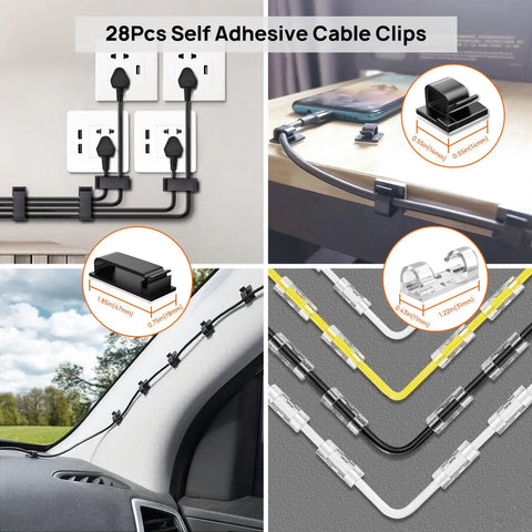 Cable Management Kit For TV And Computer Setup With 4 Cable Sleeves 57 Self Adhesive Clips 12 Hanging Strips 12 Organizer Straps And 100 Fastening Ties For A Clean Under Desk Cable System Black And White displayed with self-adhesive clips managing cables