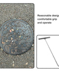 Image of Heavy Duty Stainless Steel Manhole Cover Hook Lift Tool For Easy Grate Pulling And Door Lifting next to a manhole cover