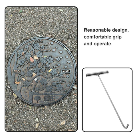 Image of Heavy Duty Stainless Steel Manhole Cover Hook Lift Tool For Easy Grate Pulling And Door Lifting next to a manhole cover