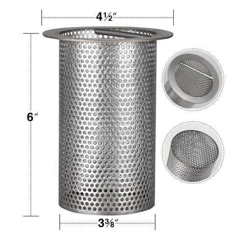 Beefy 4 Inch Commercial Floor Drain Strainer With A 6 Inch High Thick Stainless Steel Basket Finely Polished Finish Rust Resistant