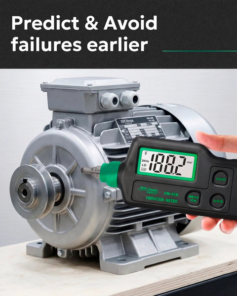 VM-420 Handheld Industrial Vibration Meter For Motors Pumps And Fans With Real Vibe Readouts in use on industrial motor