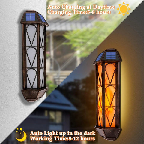 74 LED Flickering Flame Solar Wall Lights Outdoor Sconces Auto On Off Waterproof Lanterns Two Pack side view